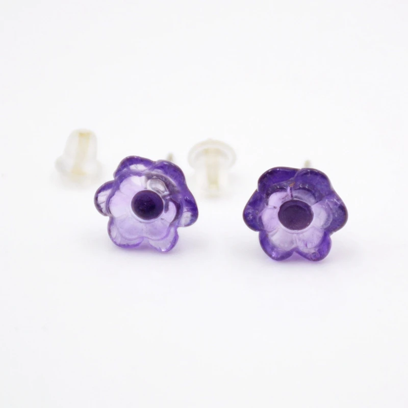 

Wholesale Hand Carved Amethyst 925 Sterling Silver Natural Gemstone Jewelry Stone Cute Flower Stud Earring Jewellery for Girls, Clear crystal earrings