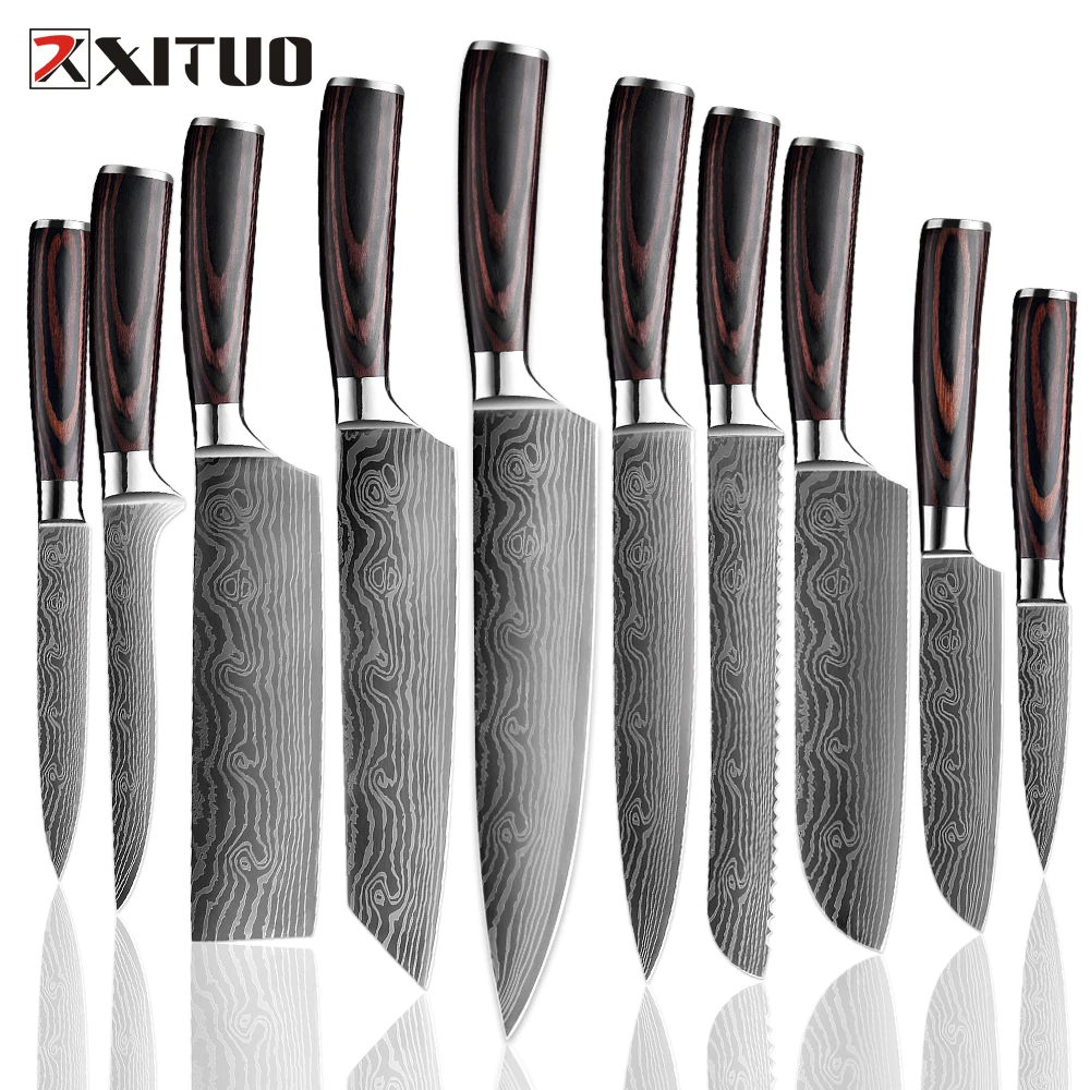 

Kitchen Chef Knives Set 7 PCS Japanese Damascus Laser Pattern Slicing Santoku Tool 7CR17 440C High Carbon Steel New Hot