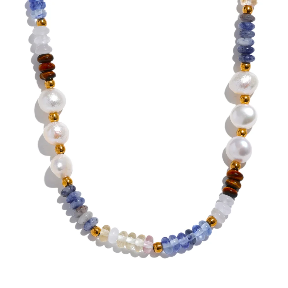 

JINYOU 2563 Natural Stone Freshwater Pearl Lapis Lazuli Beads Chain Handmade Necklace Stainless Steel Collar Stylish Jewelry