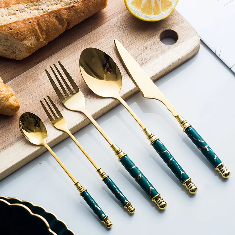 

Nordic ceramic stainless steel knife and forks creative marble pattern knife fork spoon Emerald stainless steel coffee spoon
