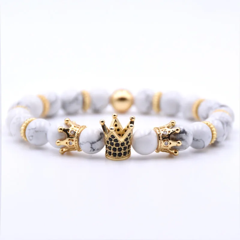 

RTS Beautiful Natural Stone Jewelry Charm Bracelet Jewelry ,Howlite and Alloy with Zircon Crown Charm Bracelet Handmade Jewelry, As pictures