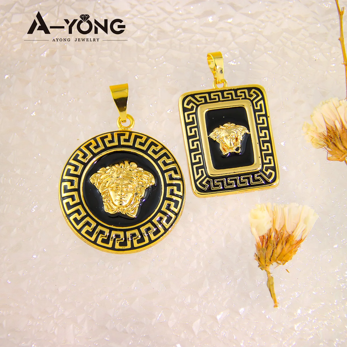 

In Stock Ayong Jewelry Black Necklace Portrait Pendant Square Shape Gold Plated Pendants for Women