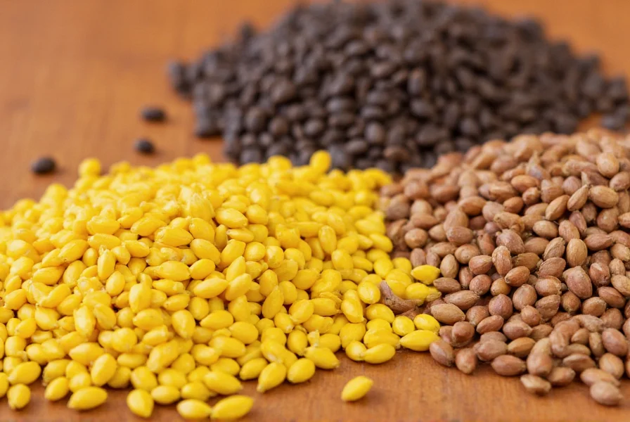 Close-up photography of yellow, brown, and black mustard seeds arranged in separate piles on a wooden table