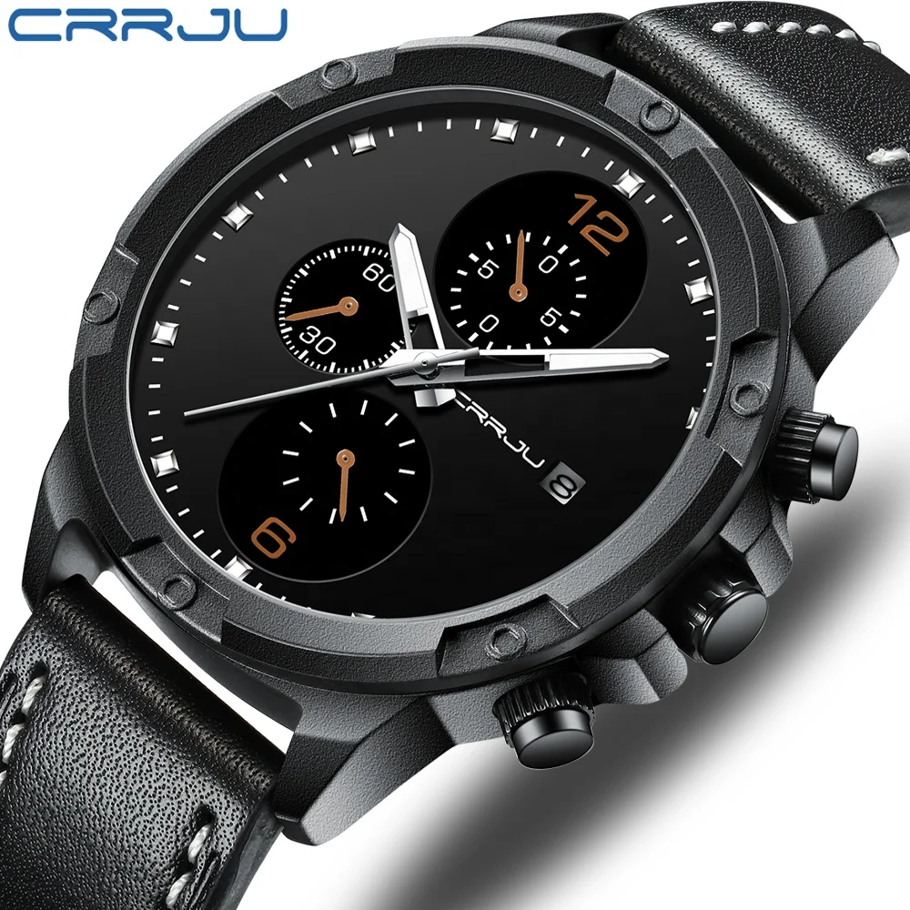 

CRRJU 2142 Luxury Sport Watch with Three Small Dial Chronograph Stop Watches Casual Calendar Leather Waterproof Man Clock Wrist, According to reality