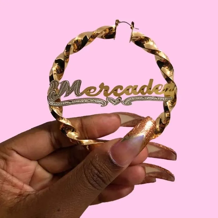 

Fashion Personalized Bamboo Hoop Earrings Custom Name Earrings Bamboo Style Customize Hoop Earrings With Statement Words, Gold, silver, rose gold