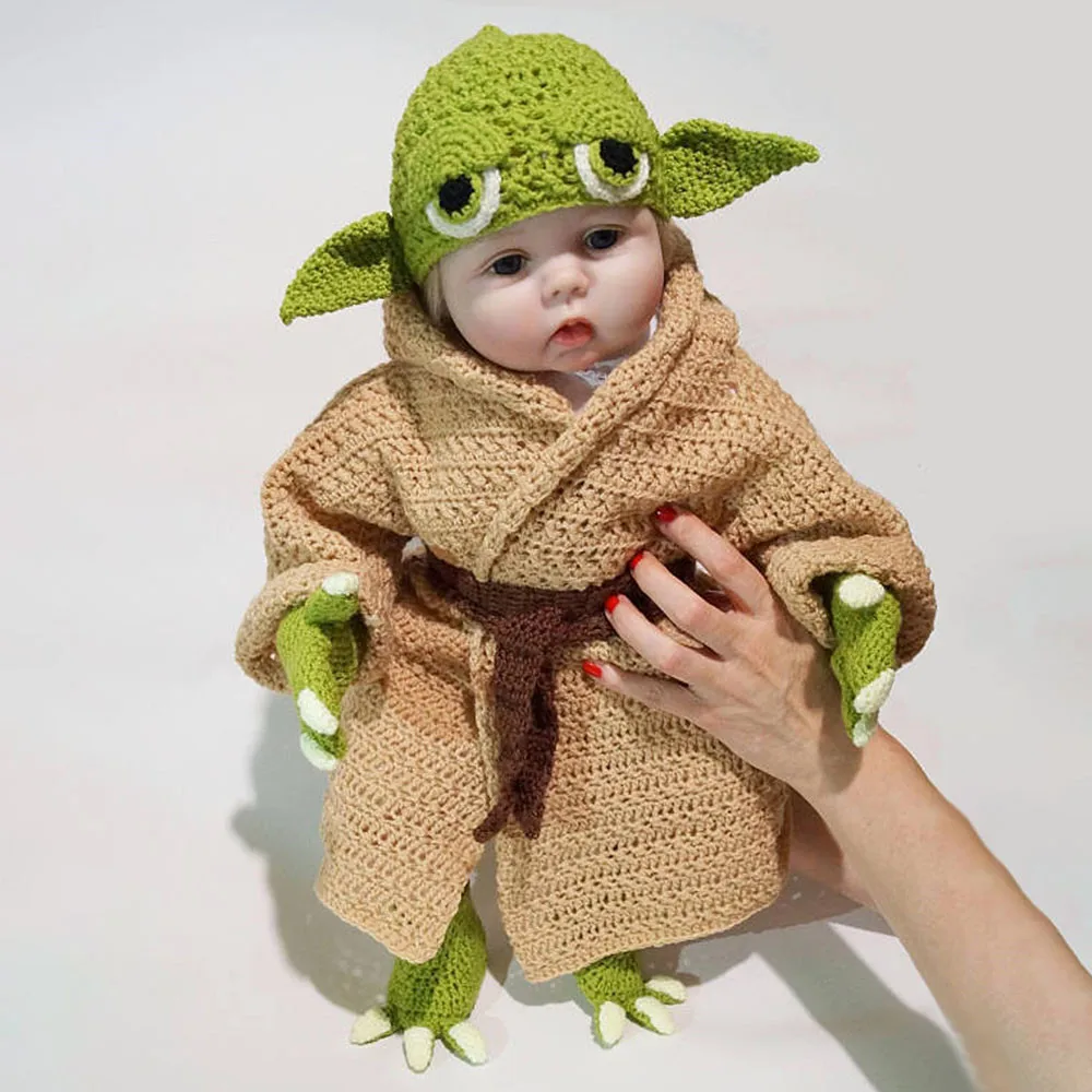 

Baby Yoda Photo Prop Newborn Photography Props Crochet Cardigan Sweater Hat Paw Knit Handmade Costume for Infant Boy Girl Twins