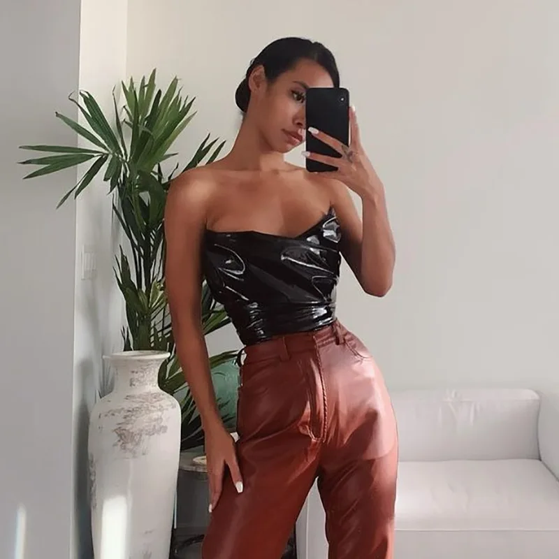 

KQ-312 Trendy sexy off-shoulder PU leather corset tops women backless bodycon strapless tank tops summer clothing, As picture