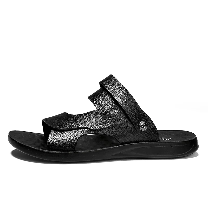 

HappyChina stylish man black sandal genuine leather strap up flat sandal outdoor casual slide sandals