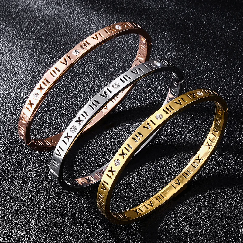 

Classic hollowed-out Roman numeral diamond bracelet titanium steel colorfast bracelet bangle (SK1164), As picture