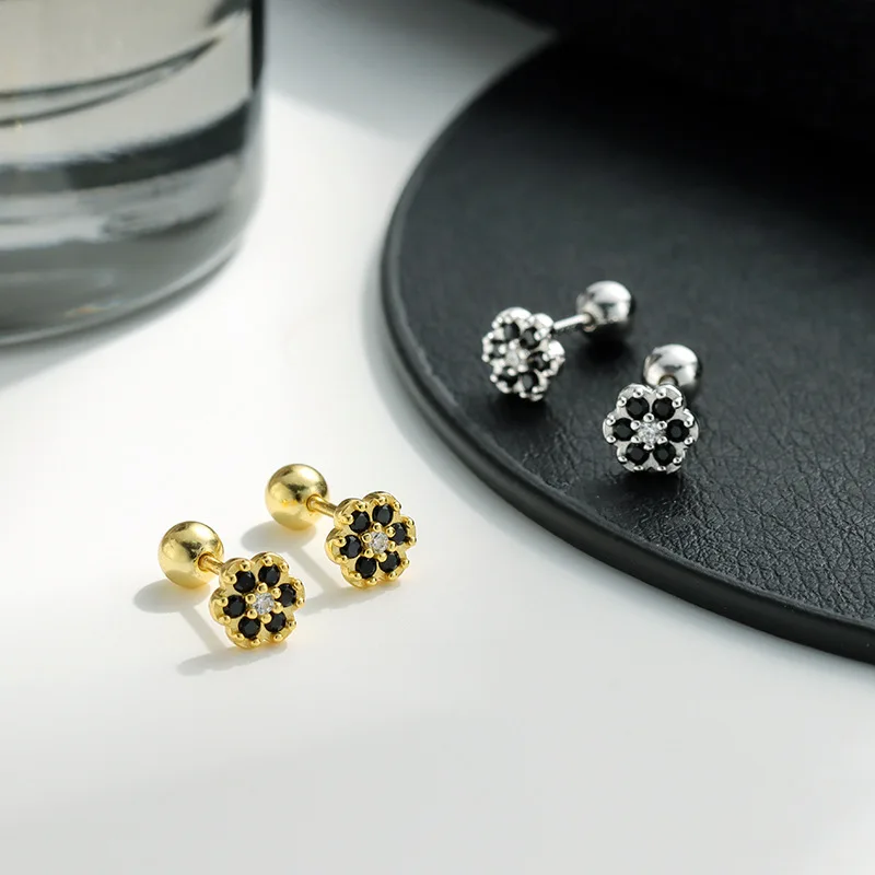 

925 sterling silver flower small plum black zircon mini stud piercing earrings screw needle18k gold plated jewelry foe women