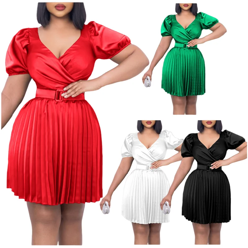 

D3227 Latest Design Fashion Women Casual Dresses Women Lady Elegant Summer Dress V-Neck Waist Pleated Dress