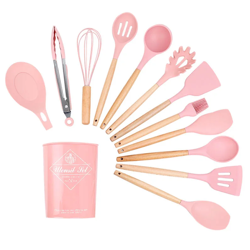 

Pink Silicone Kitchen Utensils Set, 13 Cooking Utensils with Wooden Handles, Utensils Holder Non-Stick Cookers