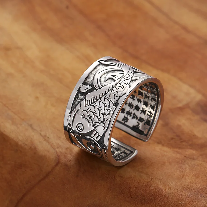 

2022 Retro Thai Silver Rings Handmade Carp Men Ring Jewelry  Silver Engraved Heart Sutra Lucky Koi Ring