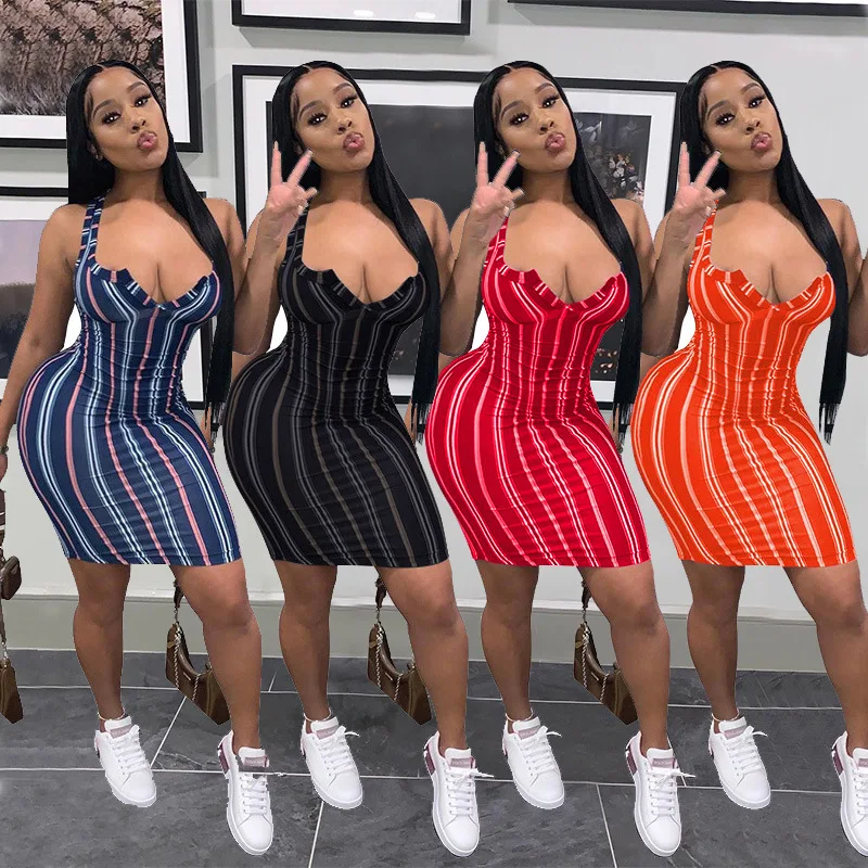

Summer 2021 New Arrival Simple Stripe Print V-Neck Summer Dress Tank Sleeveless Streetwear Bodycon Women Casual Dress, Navy blue,black,red,orange