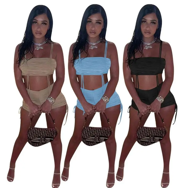 

Amazon New Stylish 2021 Summer Drawstring Bandage Solid Color Sexy 2 Piece Shorts Set Womens Two Piece Set