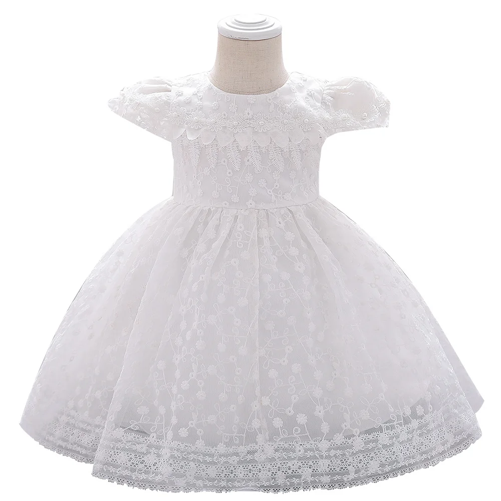 

Girls' one-year-old baby mesh embroidery small flower White Dress Princess dress