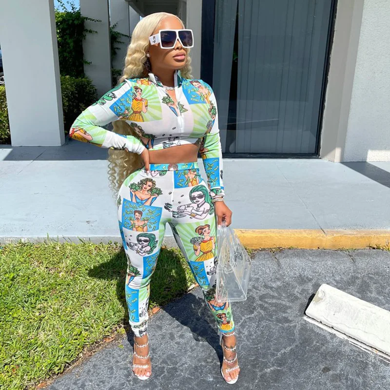 

Summer new trend clothing printing waist casual sports tight trousers women 2 piece set, Customized color
