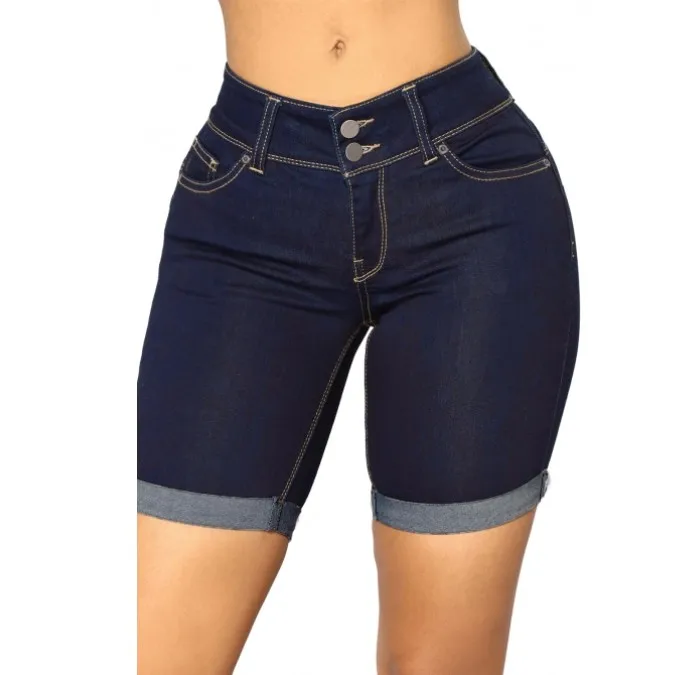 

Short Jeans Women Roll Up Cuffs Black Dark Blue Denim Bermuda Shorts Denim Pants v7860780