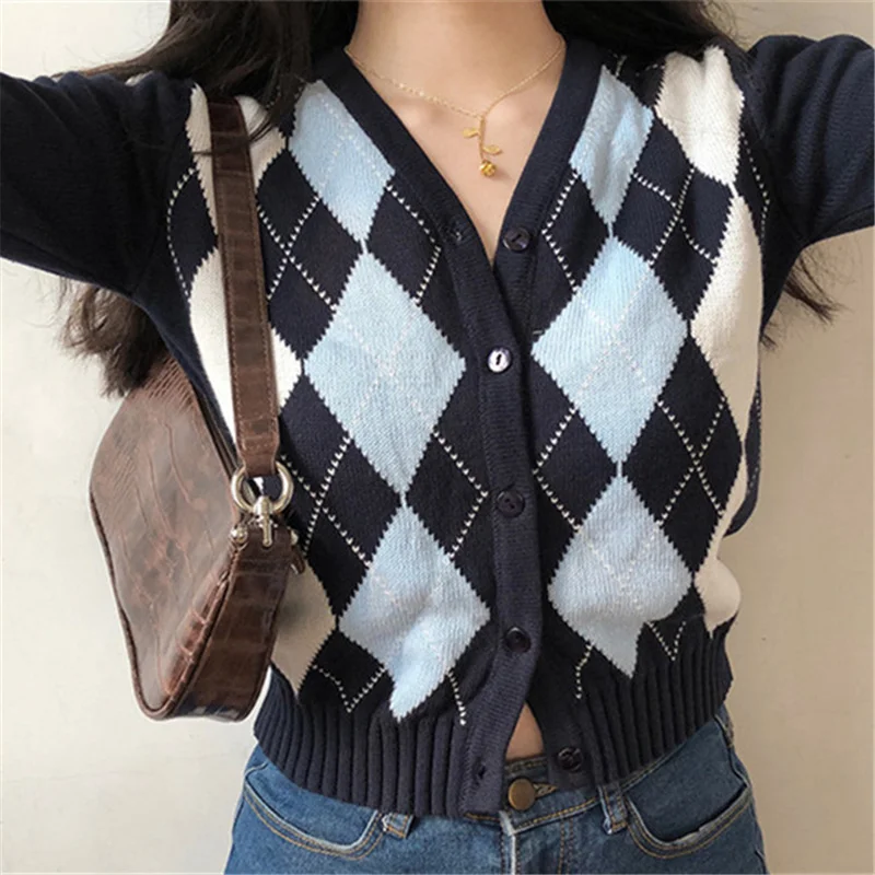

Ladies V-neck Fashion Retro Single-breasted Long Sleeve Knit Cardigan Cotton Sweater 2021 Hot Selling