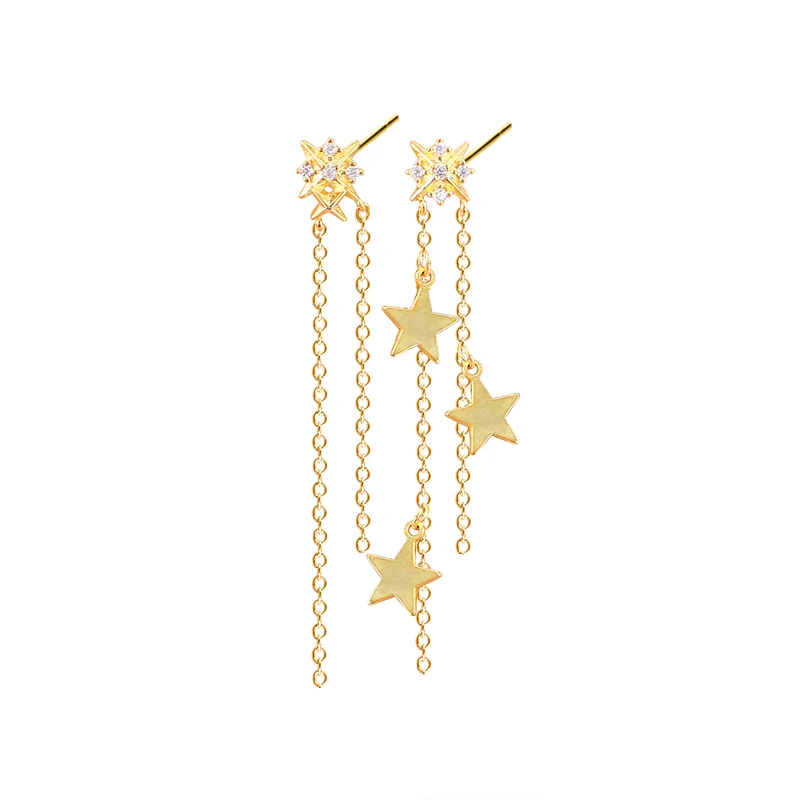 

2020 Delicate Asymmetry Earrings Tassel Chain Dangle 925 Sterling Silver Gold Plated Star Earrings Stud Women