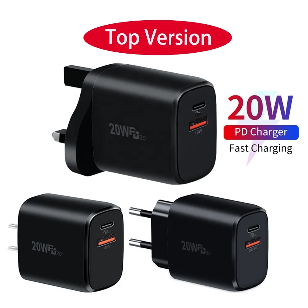 

High Version Quick Charge QC 3.0 US EU UK Plug 20W certificated fast charger Type C USB-C PD adapter Wall charger
