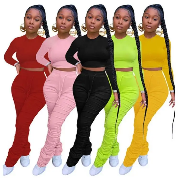 

2020 New Trendy Solid Color Stacked Pants Set Fall Apparel for Women Two Piece Set