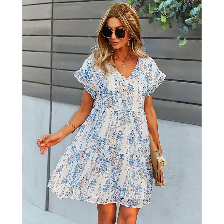 

PEARL 2021 Short Sleeve V Neck Flower Printed Woman Casual Summer Dress Women Clothing Dresses