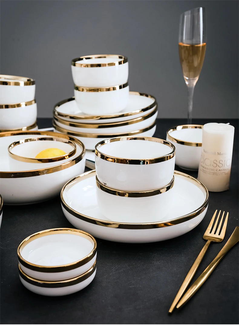 Hot Selling White Glossy Gold Trim Dinnerware Dish Set And Porcelain