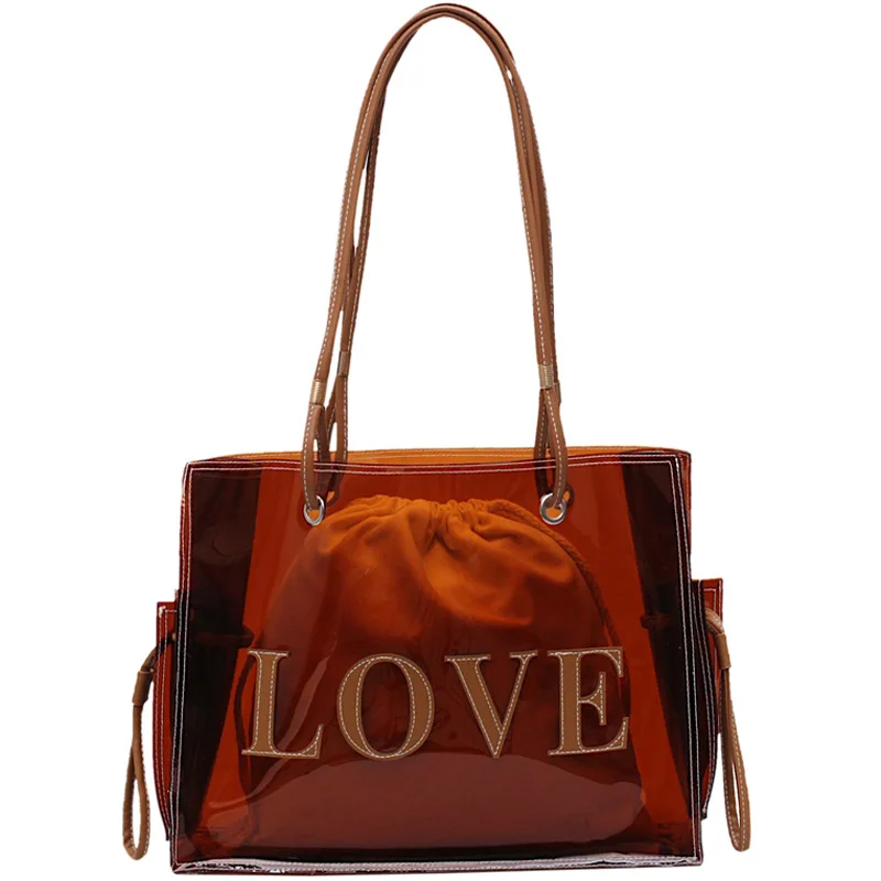 

Luxury LOVE PU Strap Summer Lady Jelly Purses Set Soft Pvc Tote Shopping Shoulder Bag Women Girls Waterproof Clear Beach Handbag, Red brown