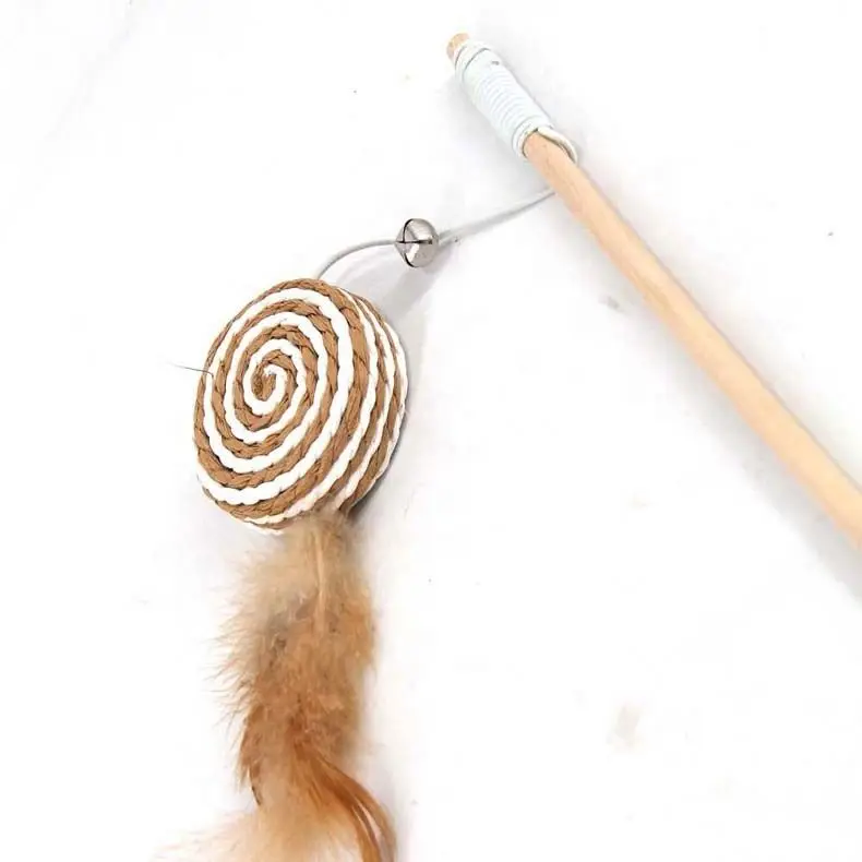 

Natural Wooden Linen Art Cat Toy with Bells Cat Stick Wand toy, Photo
