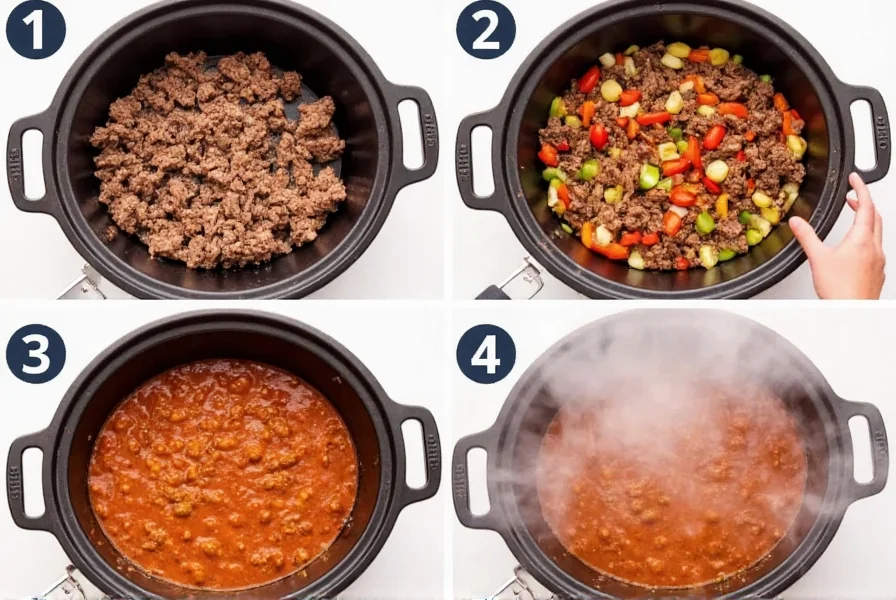 Step-by-step preparation of classic ground beef chili showing browning meat, sautéing vegetables, and simmering pot with steam rising