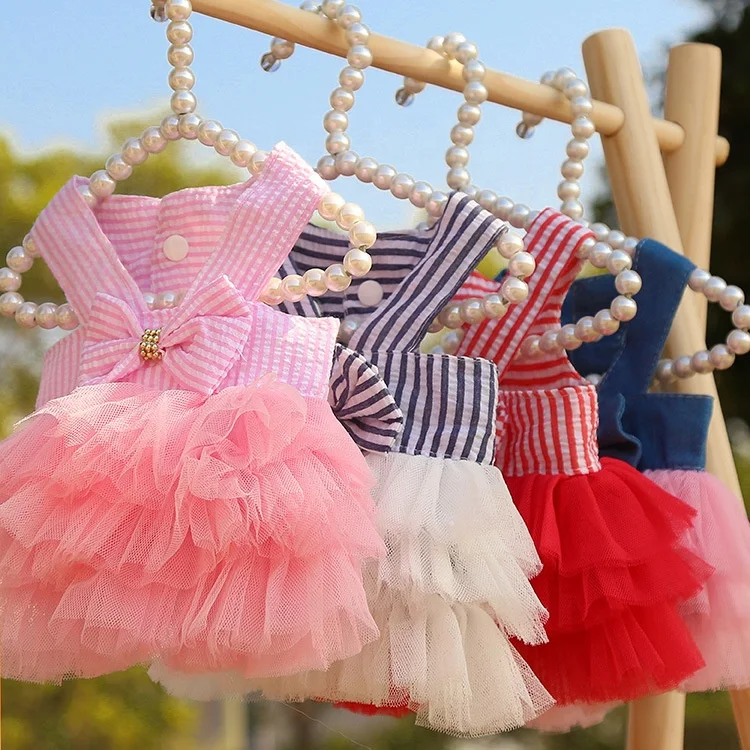 

Newest Type Fashionable Design Spring Summer Striped Suspender Mesh Skirt Dog Dress For Small Puppy Dog Cats Outfits Dog Clothes, Pink/white/red/blue