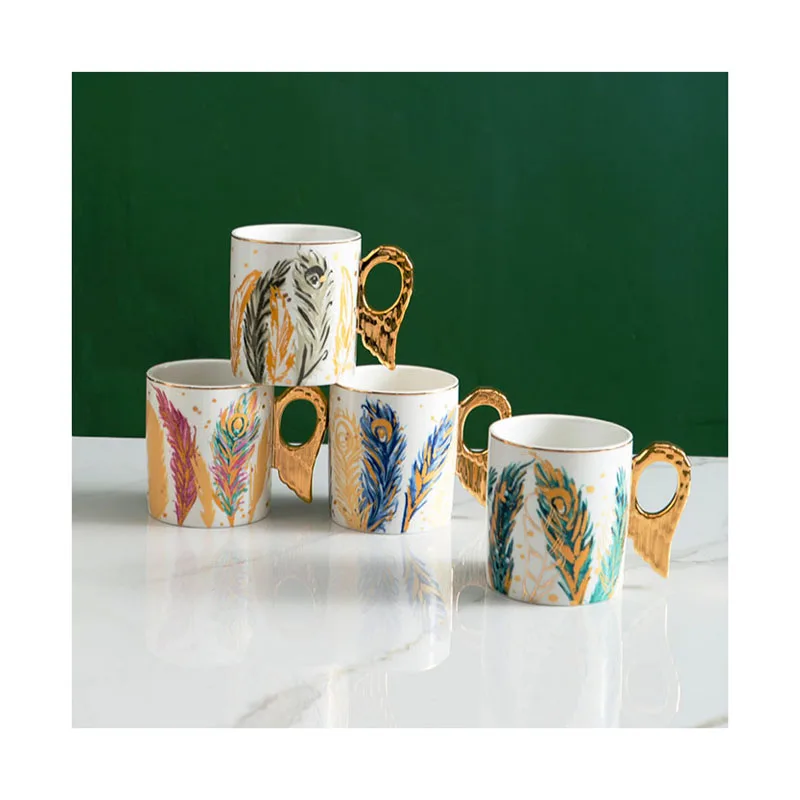 

European style gold angel wings ceramic breakfast mug afternoon tea mug with dessert plate