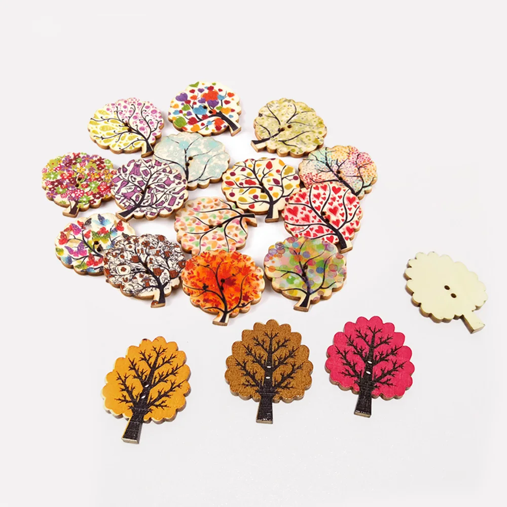 

bulk stock wholesale price 2 hole colored tree design wooden decoration buttons for jewelry making