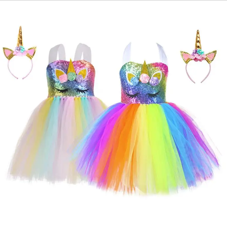 

Amazon Hot Selling Kids Clothes Rainbow Fancy Sequin Flower Unicorn Girl Tutu Dress With Unicornio Headband