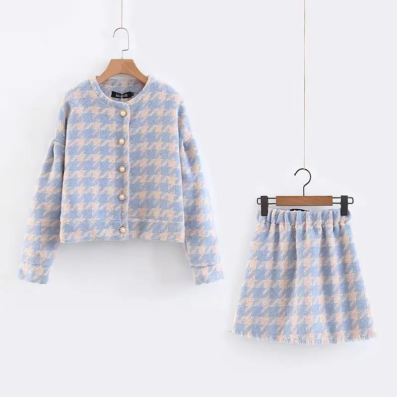 Wholesale new style pretty hairy clothes blue 2 piece skirt and coat sets for women