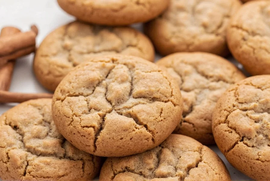 Close-up of golden brown cinnamon cookies with visible cinnamon sugar coating on white ceramic plate