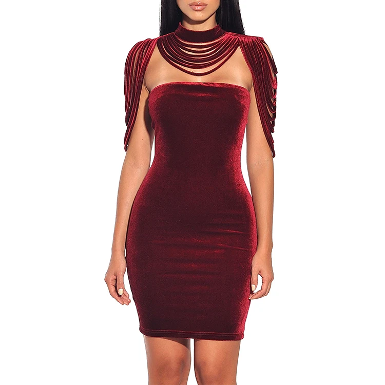 

Sexy Red Velvet Bodycon Party Evening Detachable Collar Short Dress, Panton