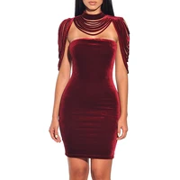 

Sexy Red Velvet Bodycon Party Evening Detachable Collar Short Dress