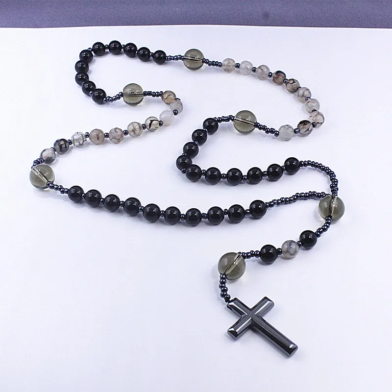 Full Simple Religious Vintage Women Stitching Crystal Rosary Jesus Christ Cross Necklace