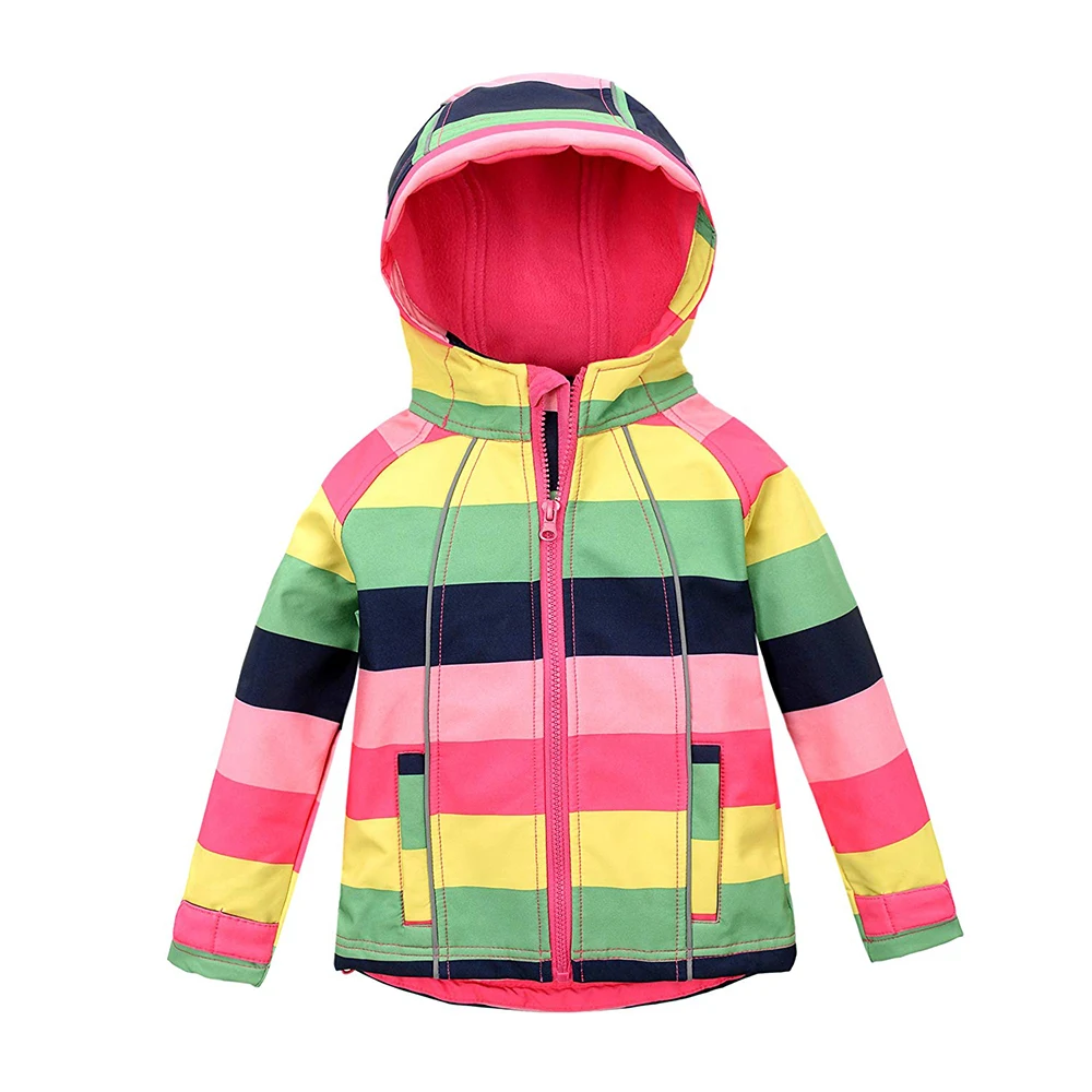 

ZUJA Girls Hooded Fleece Lined Windproof Sweater Windbreaker Softshell Jacket for Kids, Rainbow