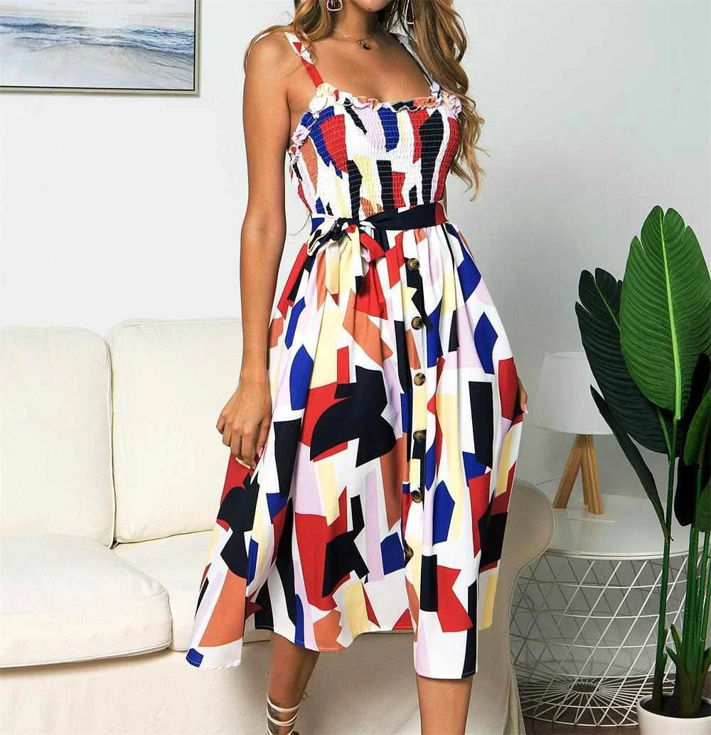 

Sling Lotus Leaf Side Sunflower Print Row Button Dress, Picture color