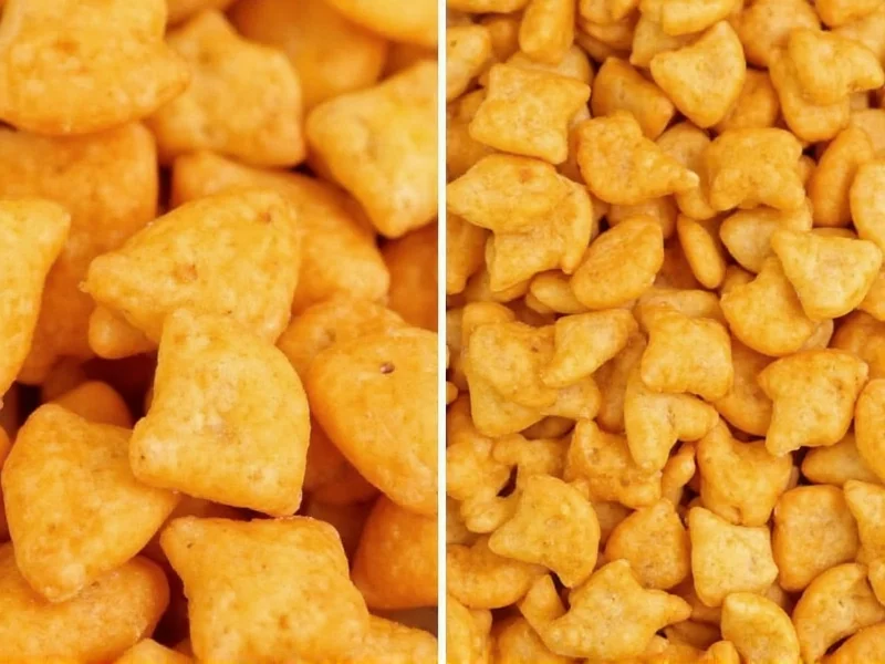 Close-up comparison of homemade vs store-bought goldfish crackers