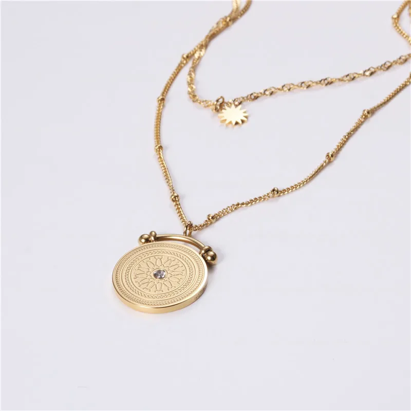 

LCN-069 Stainless steel plating 18K gold wholesale Pattern gold coin Beads Flash chain Necklace