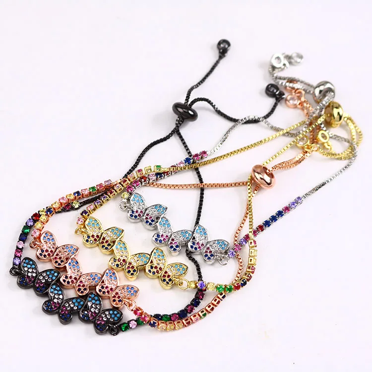 

BC1254 Fashion Chic Rainbow Diamond CZ Micro Pave Butterfly Charm Tennis Chain Bracelets for Women girls