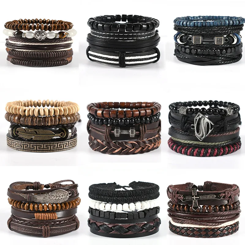 

Vintage Black Fashion Multilayer Wide Wrap Hollow Triangle Wood Beaded Leather Bracelet & Bangles For Man, Picture