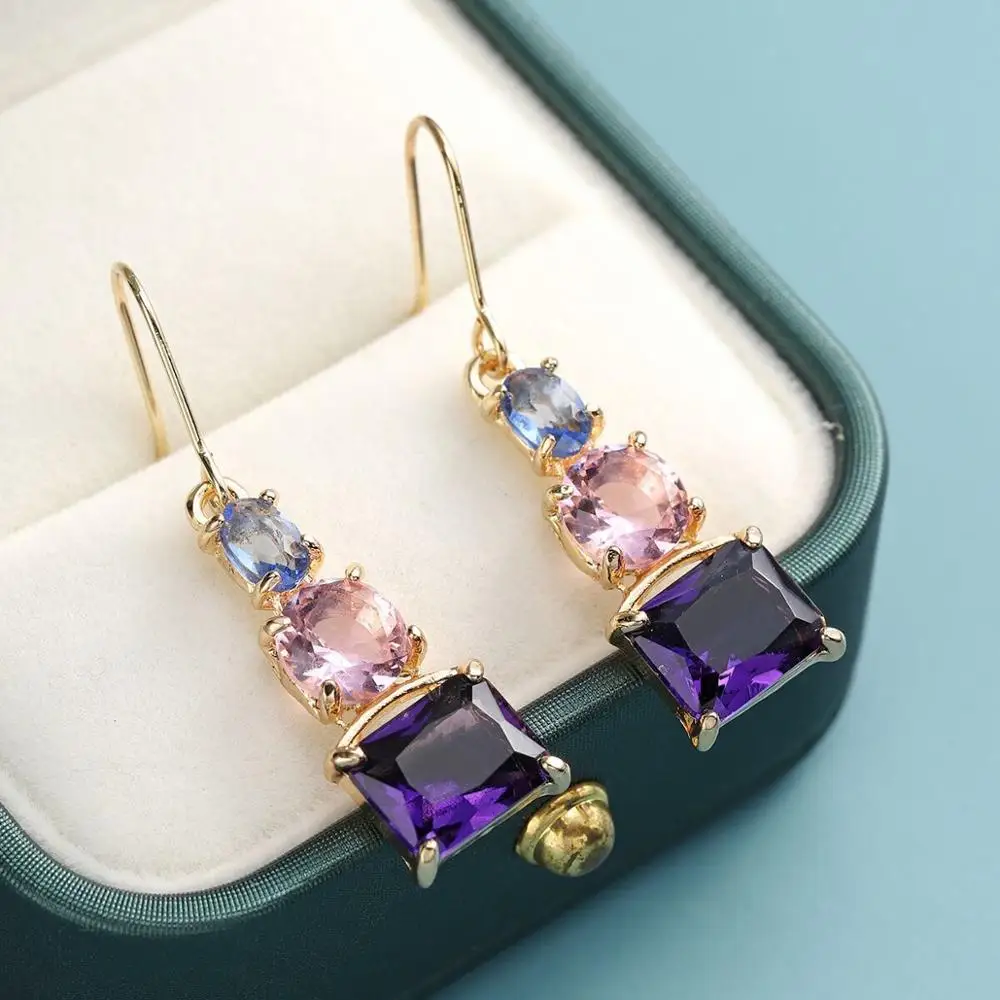 

HOVANCI Delicate Gold Plated Zirconia Drop Earrings Geometric Purple Crystal Sqauare Dangle Hook Earrings, As picture show