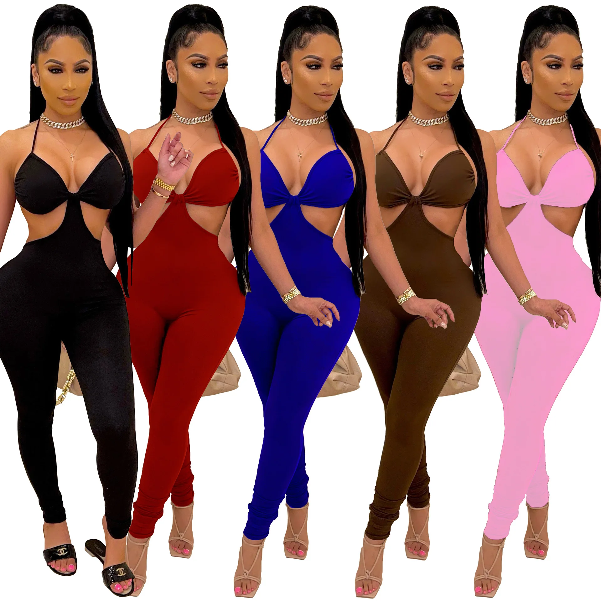 

Wholesale new fashion contrast color bandage sleeveless bodysuits yoga pants slim jumpsuit 2022 for women