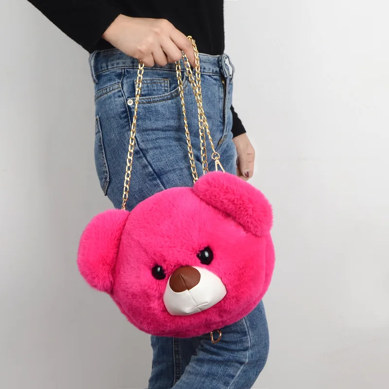

2020 Fashion Cartoon Pu Bear Cross-Body Backpack Women's Single Shoulder Chain Plush Big Head Bear Bag