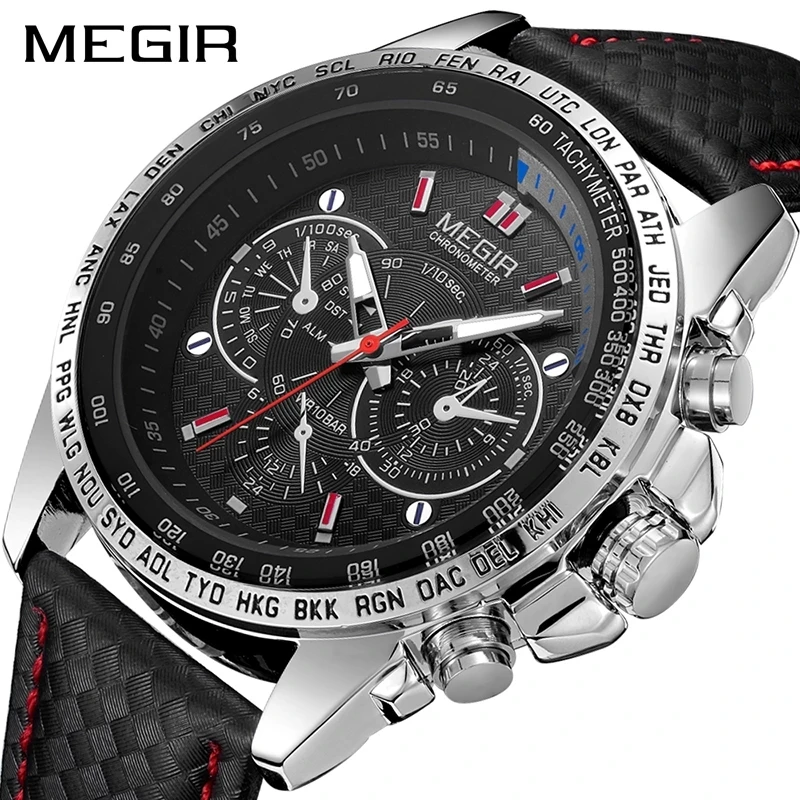 

MEGIR 1010 Men Quartz Watch Top Brand Chronograph Wristwatch Sports Military Watches Luminous Leather Waterproof Clock